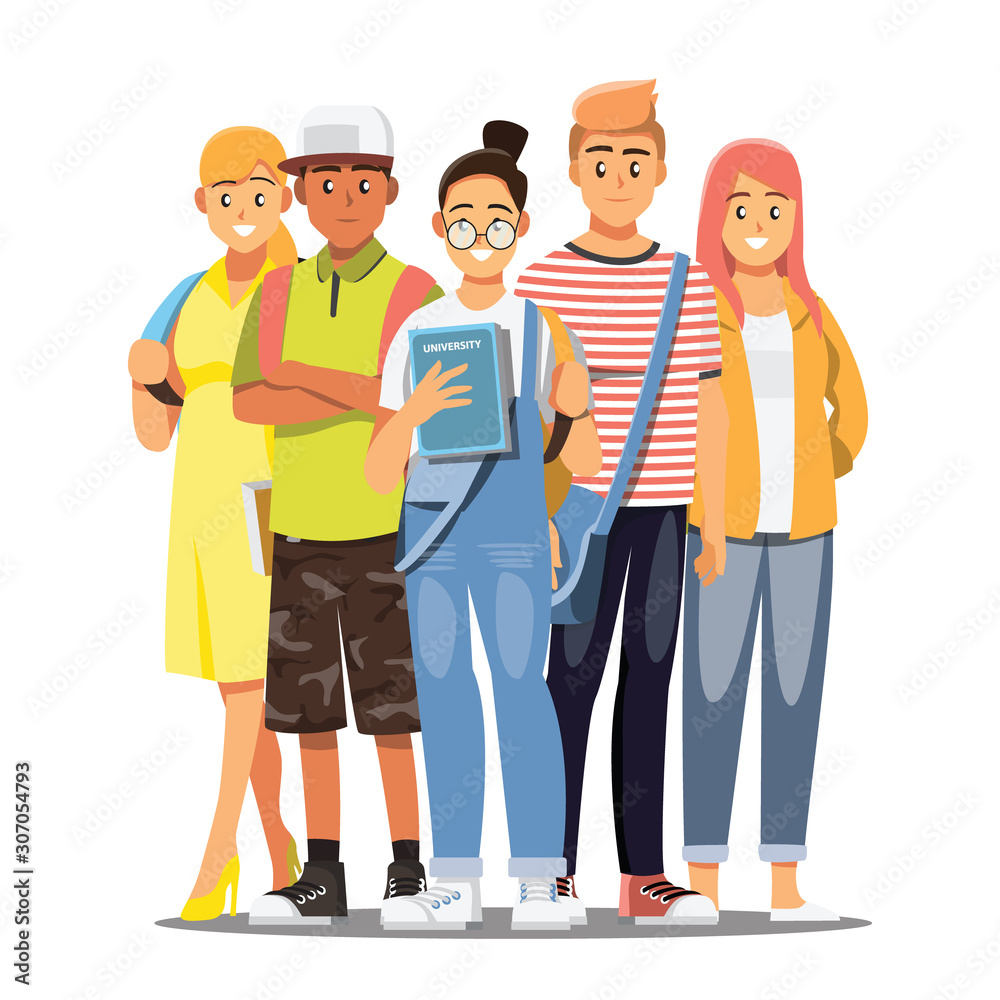 Obraz premium Happy group of teen University student .Vector illustration cartoon character.