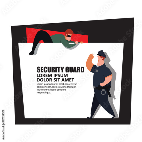 Security guard , policeman catch thief. ,  Flat Vector Illustration Background
