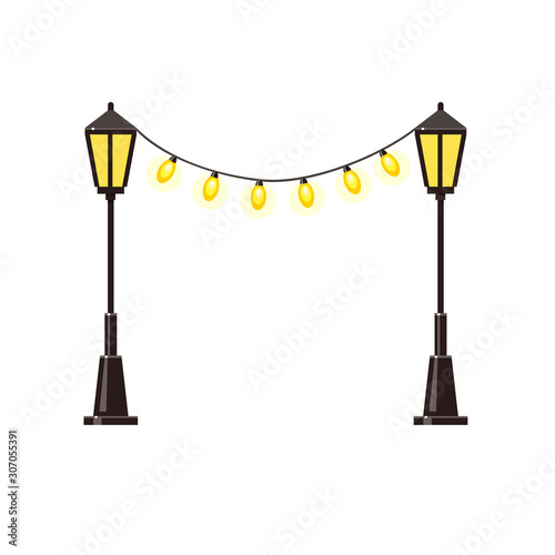 A warm yellow garland hanging between two black and yellow street lights. Summer vector illustration. Park decoration. Exterior illumination