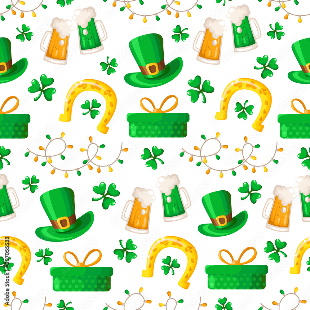 Saint Patrick day seamless pattern - cartoon shamrock or clover, lights garland, gift box, beer cup, bowler hat and golden horseshoe - holiday vector background for wrapping, textile, digital paper Saint Patrick day seamless pattern - cartoon shamrock or clover, lights garland, gift box, beer cup, bowler hat and golden horseshoe - holiday vector background for wrapping, textile, digital paper