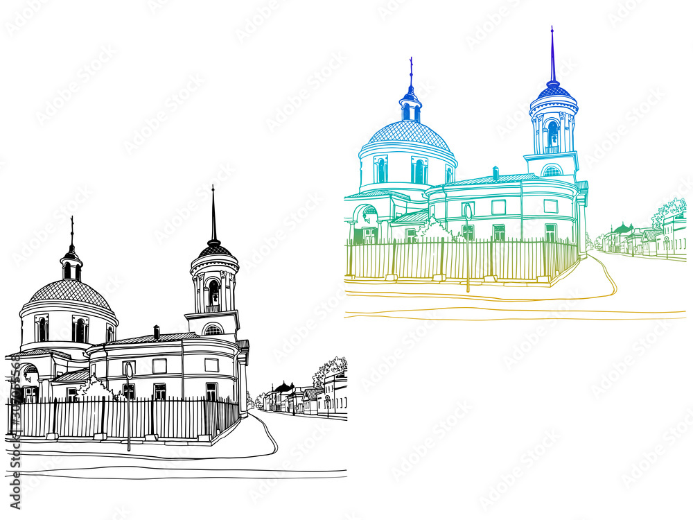 Urban landscapes with the old church. Nice views of the old Moscow. Hand drawn line art. Colorful vector illustration