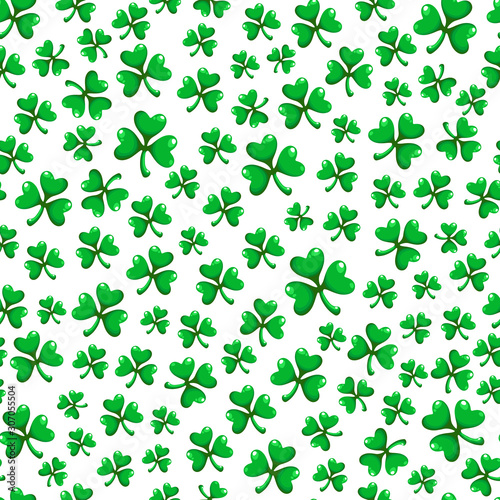 Saint Patrick day seamless pattern set - shamrock or clover leaves, abstract floral ornament, simple shapes and polka dot traditional holiday vector background for wrapping, textile, digital paper