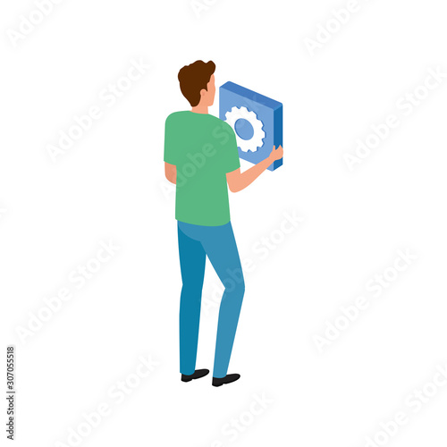 young man with gear pinion avatar character vector illustration design
