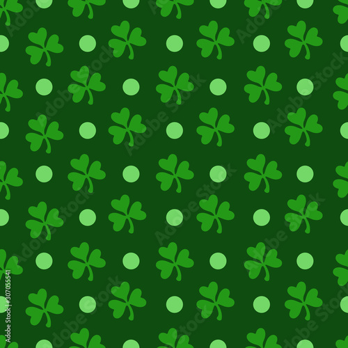 Saint Patrick day seamless pattern - shamrock or clover leaves, abstract ornament, simple shapes and polka dot traditional holiday vector background for wrapping, textile, digital paper