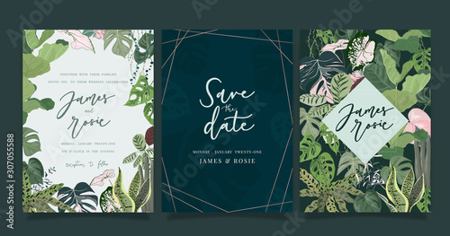 Tropical Emerald green Luxury Wedding Invitation, floral invite thank you, rsvp modern card Design in summer pink leaf and greenery branches decorative Vector elegant rustic template