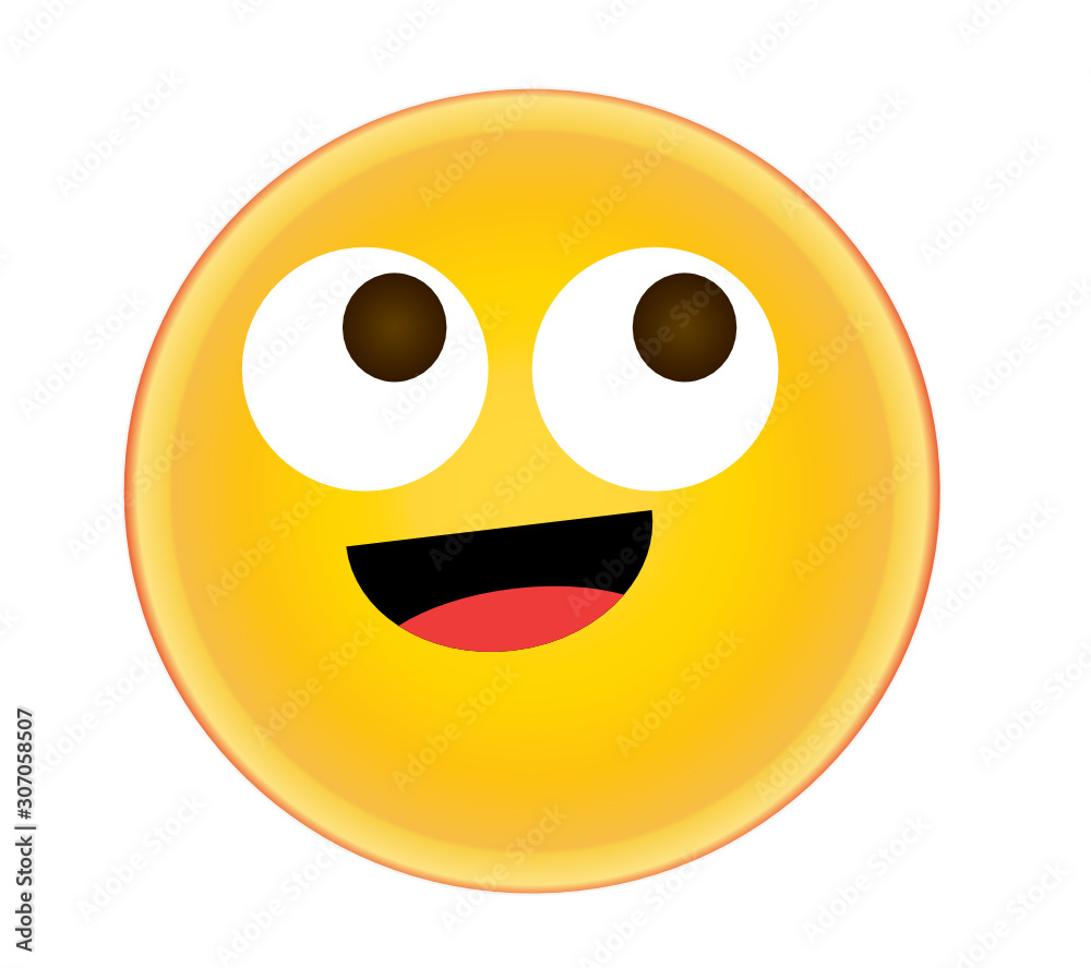 Happy wondering emoji with broad smile and open eyes looking at the sky. Yellow face emoticon with a broad, open smile showing tongue. Expressing of happiness and amusement. Happy wondering emoji with broad smile and open eyes looking at the sky. Yellow face emoticon with a broad, open smile showing tongue. Expressing of happiness and amusement.