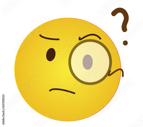 Skeptical arrogant emoji with monocle asking question. Yellow face with furrowed eyebrows wearing a monocle having an intent frown and question mark. Questioning in a snobbish and arrogant way.