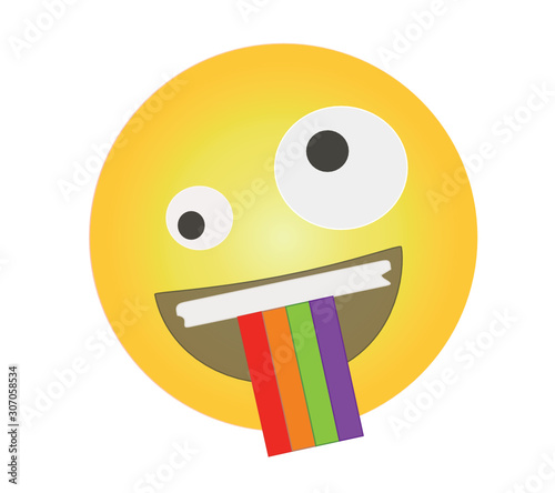 Crazy emoji with rainbow tongue sticking out. Yellow face emoticon with crazy eyes, a big grin showing teeth and playfully sticking out its rainbow colored tongue..