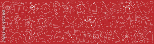 Christmas header with Xmas decorations. Panoramic header. Vector