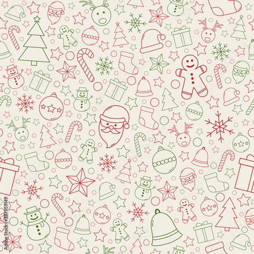 Xmas texture with festive decorations. Christmas wallpaper. Vector