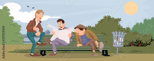 Funny people. Talking mans in park.