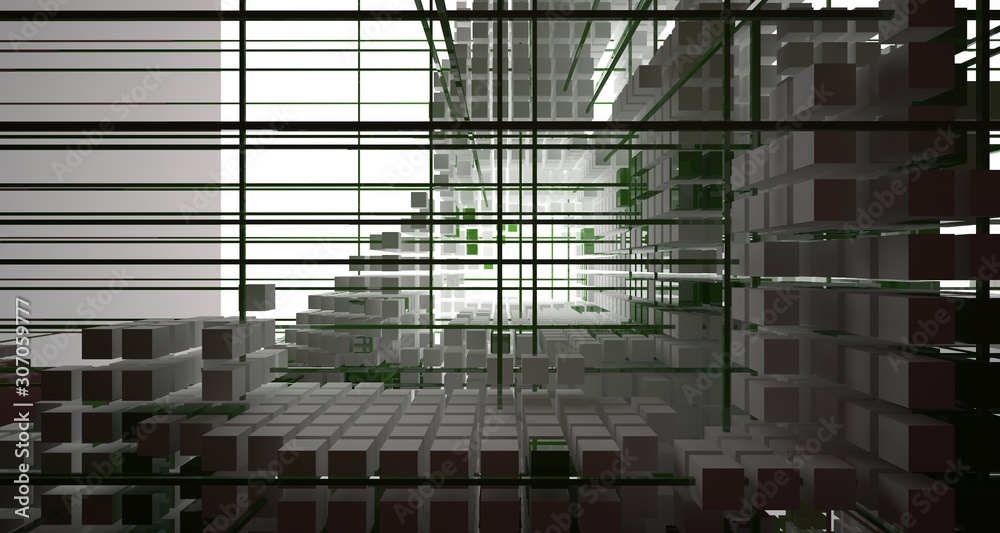 Obraz premium Abstract brown interior from array white and green cubes with window. 3D illustration and rendering.