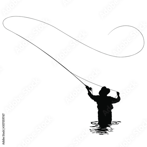 Tablou canvas A vector silhouette of a man fly fishing in a river.