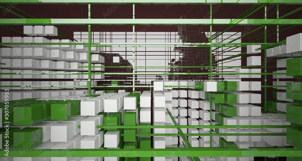 Obraz premium Abstract brown interior from array white and green cubes with window. 3D illustration and rendering.