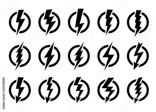 Lightning bolts vector logo set. Concept of energy and electricity. Flash in the circle. Power and electric symbols, high speed, swiftness and rapid emblem.