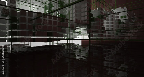 Abstract brown interior from array white and green cubes with window. 3D illustration and rendering.