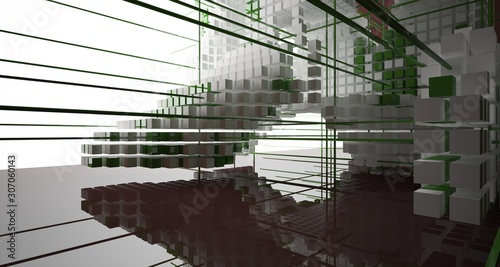 Abstract brown interior from array white and green cubes with window. 3D illustration and rendering.