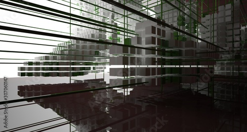 Abstract brown interior from array white and green cubes with window. 3D illustration and rendering.