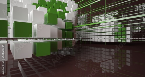 Abstract brown interior from array white and green cubes with window. 3D illustration and rendering.