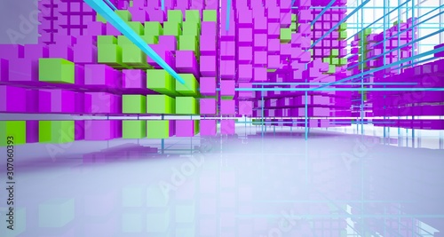 Abstract white interior from array colored cubes with window. 3D illustration and rendering.