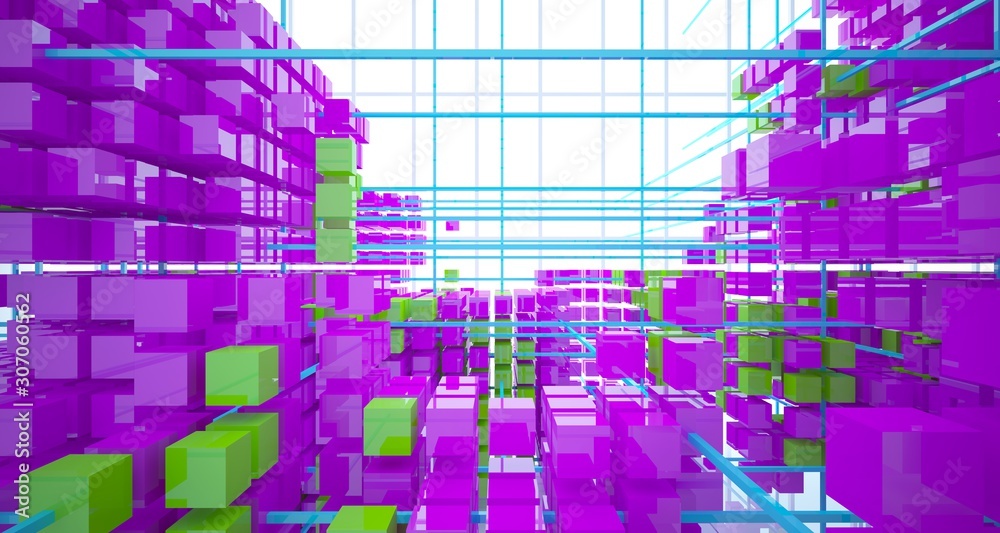 Obraz premium Abstract white interior from array colored cubes with window. 3D illustration and rendering.