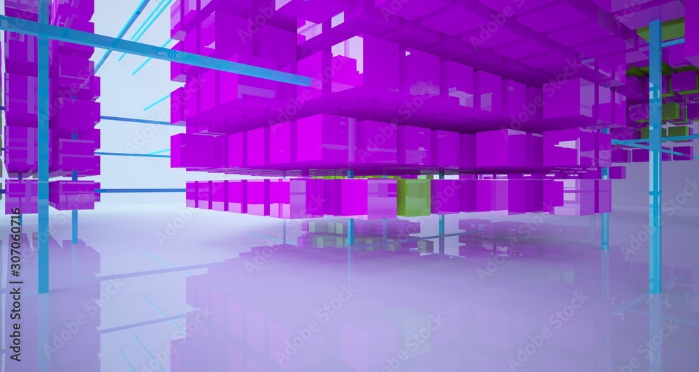 Fototapeta premium Abstract white interior from array colored cubes with window. 3D illustration and rendering.