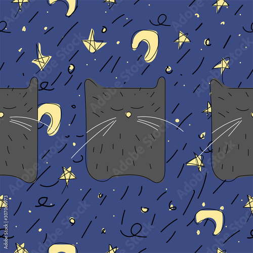 Black cat sleeping on a background of the night sky. The moon, the stars. Seamless pattern.