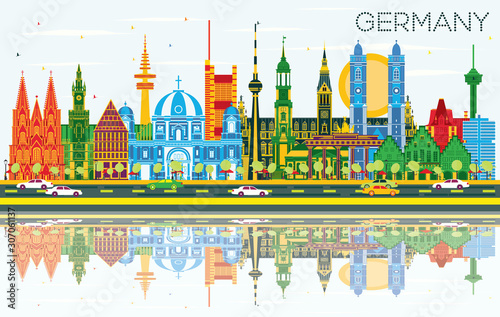 Germany City Skyline with Color Buildings, Blue Sky and Reflections.