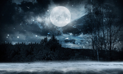 Dark abstract winter forest background. Wooden floor, snow, fog. Dark night background in the forest with moonlight. Night view, magic