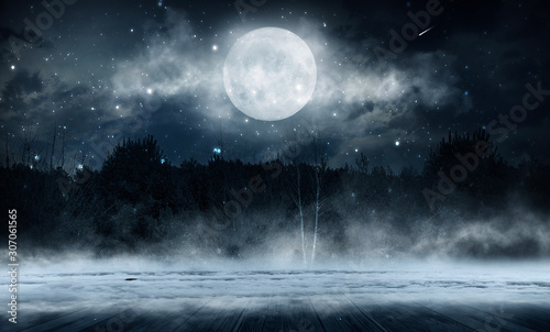 Dark abstract winter forest background. Wooden floor, snow, fog. Dark night background in the forest with moonlight. Night view, magic