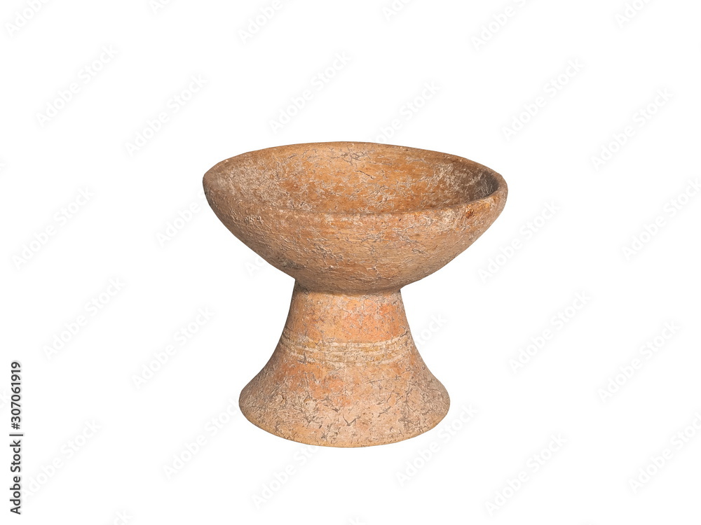 view of prehistoric pottery earthenware pot covered with old patina isolated on white background, 2300-3500 BCE., Lopburi, Thailand. view of prehistoric pottery earthenware pot covered with old patina isolated on white background, 2300-3500 BCE., Lopburi, Thailand.