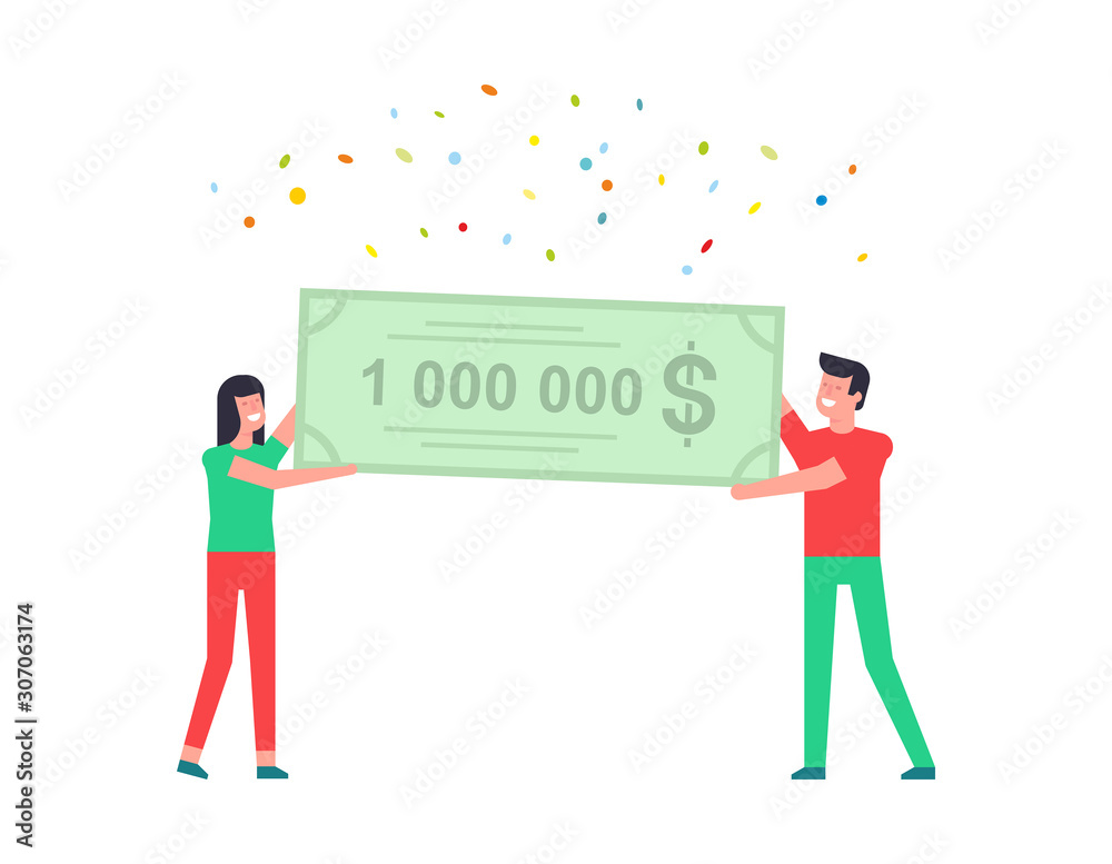 Obraz premium Happy man and woman holding a bank check for a million dollars. isolated on white background