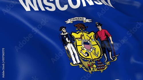 Photo realistic slow motion 4KHD flag of the US State of Wisconsin waving in the wind.  Seamless loop animation with highly detailed fabric texture in 4K resolution.