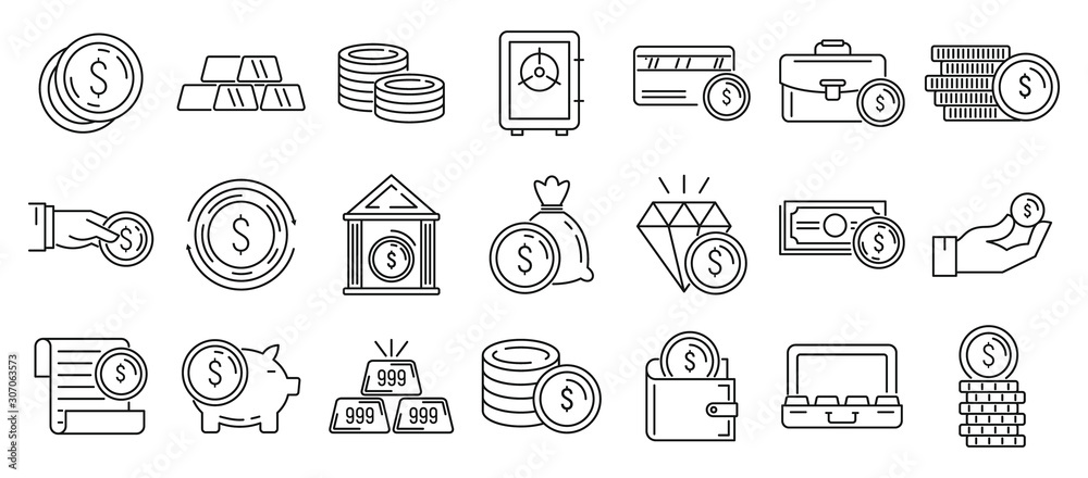 Bank metals icons set. Outline set of bank metals vector icons for web design isolated on white background