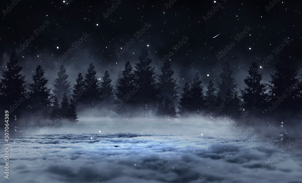 Fototapeta Ciemny zima streszczenie tło lasu. Podłoga drewniana, śnieg, mgła. Ciemne tło nocy w lesie przy świetle księżyca. Nocny widok, magia