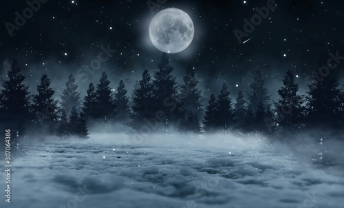Dark abstract winter forest background. Wooden floor, snow, fog. Dark night background in the forest with moonlight. Night view, magic