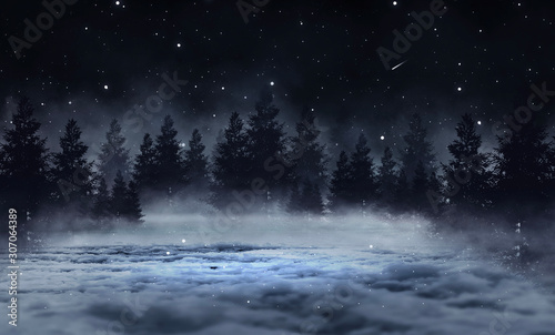 Dark abstract winter forest background. Wooden floor, snow, fog. Dark night background in the forest with moonlight. Night view, magic