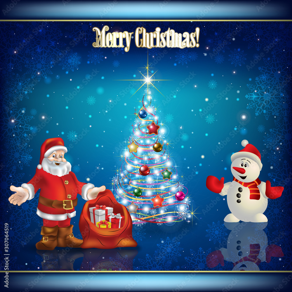 Abstract background with Christmas tree Santa Claus and snowman on blue