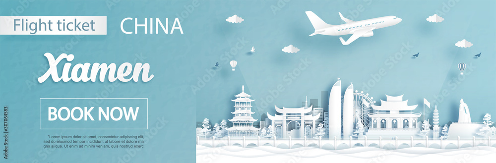 Flight and ticket advertising template with travel concept to Xiamen, China and famous landmarks in paper cut style vector illustration