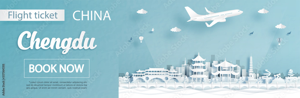 Flight and ticket advertising template with travel concept to Chengdu, China and famous landmarks in paper cut style vector illustration