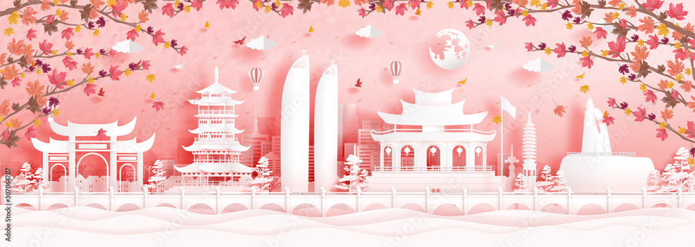 Autumn in Xiamen, China with falling maple leaves and world famous landmarks in paper cut style vector illustration