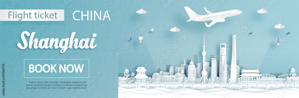 Flight and ticket advertising template with travel concept to Shanghai, China and famous landmarks in paper cut style vector illustration