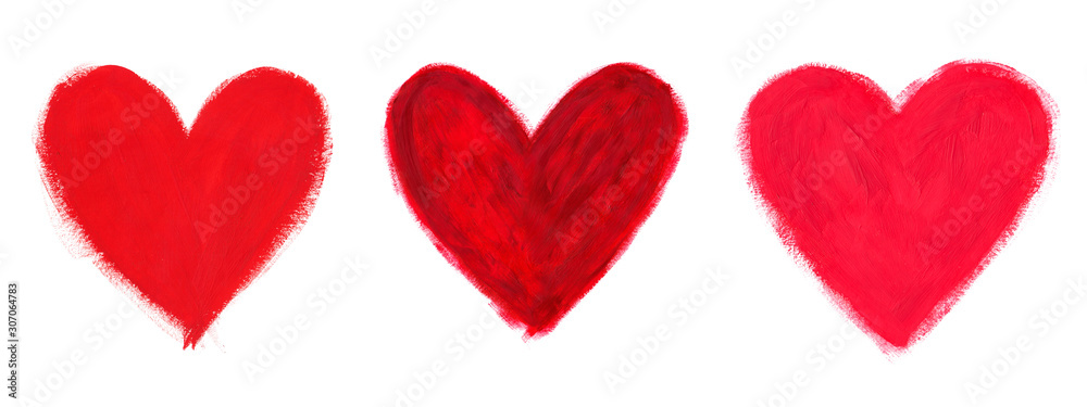 Beautiful hand-drawn set of three red and pink hearts. Stock raster grunge illustration isolated on white. Textural decor elements can be used for collage, card, banner or flyer. Beautiful hand-drawn set of three red and pink hearts. Stock raster grunge illustration isolated on white. Textural decor elements can be used for collage, card, banner or flyer.