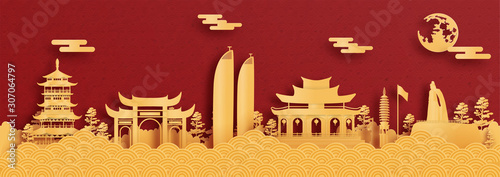 Panorama postcard and travel poster of world famous landmarks of Xiamen, China in paper cut style vector illustration