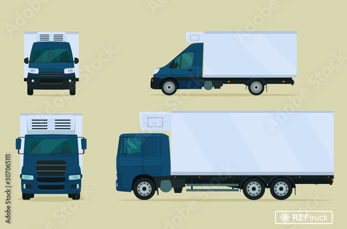 Refrigerated trucks set. Side and front view. Vector flat style illustration.