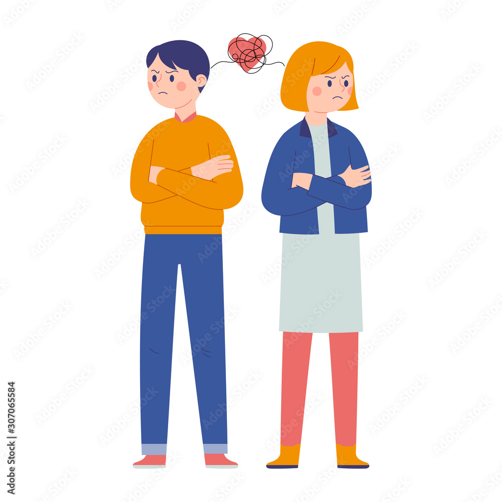 lovers turn their backs on each other because they are fighting and angry, men and women fight when they are dating, the concept of people relationships