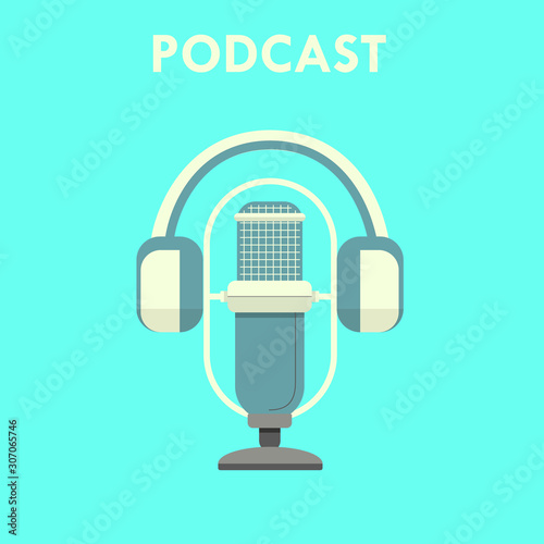 Vector illustration of podcast concept for website background, blog, social media promotion. Microphone and headphones in retro flat style.
