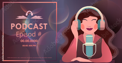 Vector illustration with podcast concept on dark background  female podcast  broadcasting  radio  online webinar  training. Young woman talks to audience  hosts podcast.