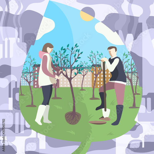 Concept vector illustration help and protect environment. Work of young volunteers in city, planting seedlings. Fight against air pollution, atmosphere. Smog cars on background.