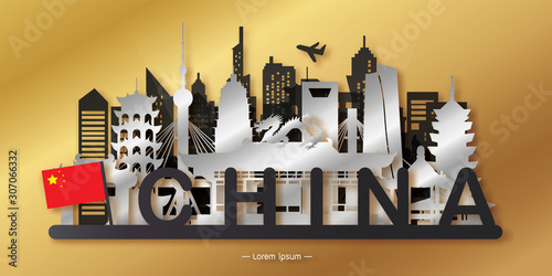 Travel China postcard, poster, tour advertising of world famous landmarks in paper cut style. Vectors illustrations